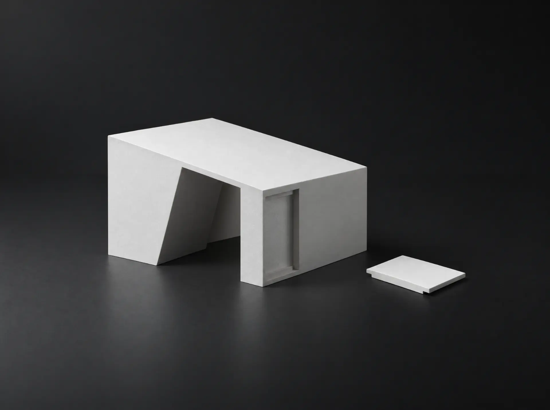 Minimalist white architectural model with a separate finishing panel