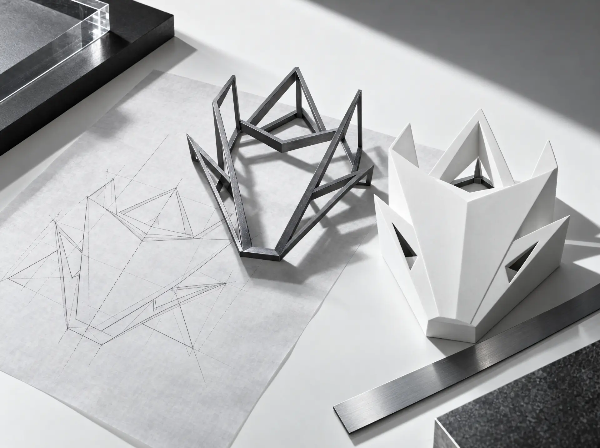 Architectural plan drawing beside a white structural model